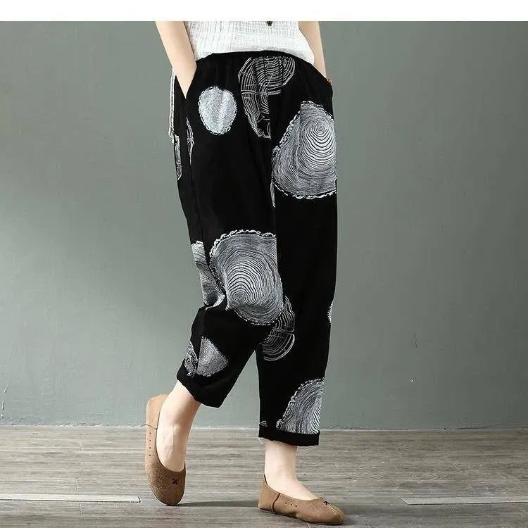 Color: Gold, Size: M - Cotton and Linen Pants for Women Summer Printing Harem Pants Female Mother Loose Retro Fashion Women's Ankle Length Pants