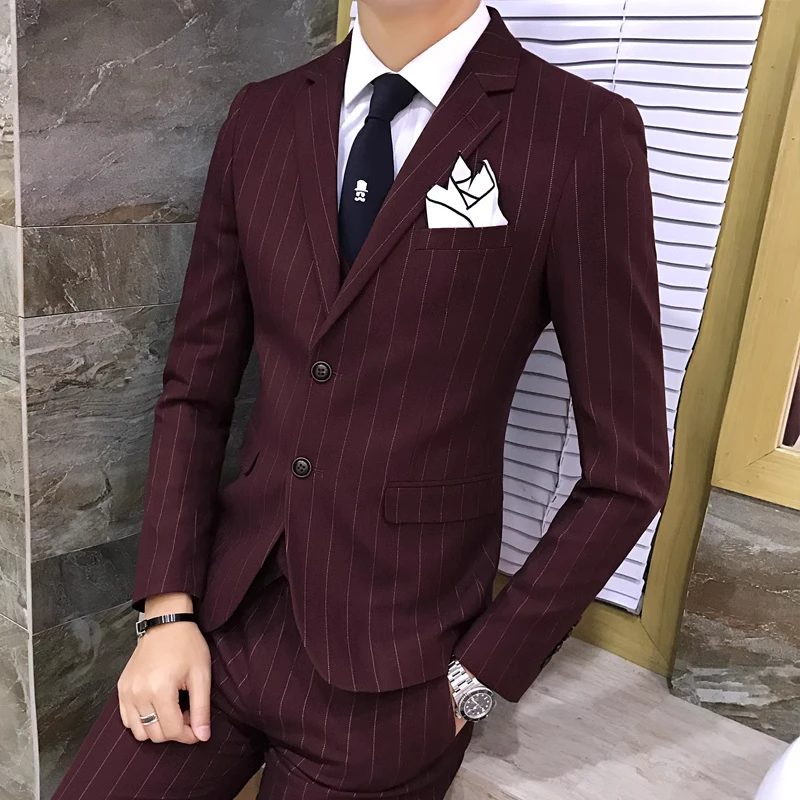 Color: Orange, Size: L - Gray Men Classic Striped/Checked Suits, Business Office 3 Piece, Asian Size Slim Fit Men Dress Jacket & Pants with Vest, S-4XL