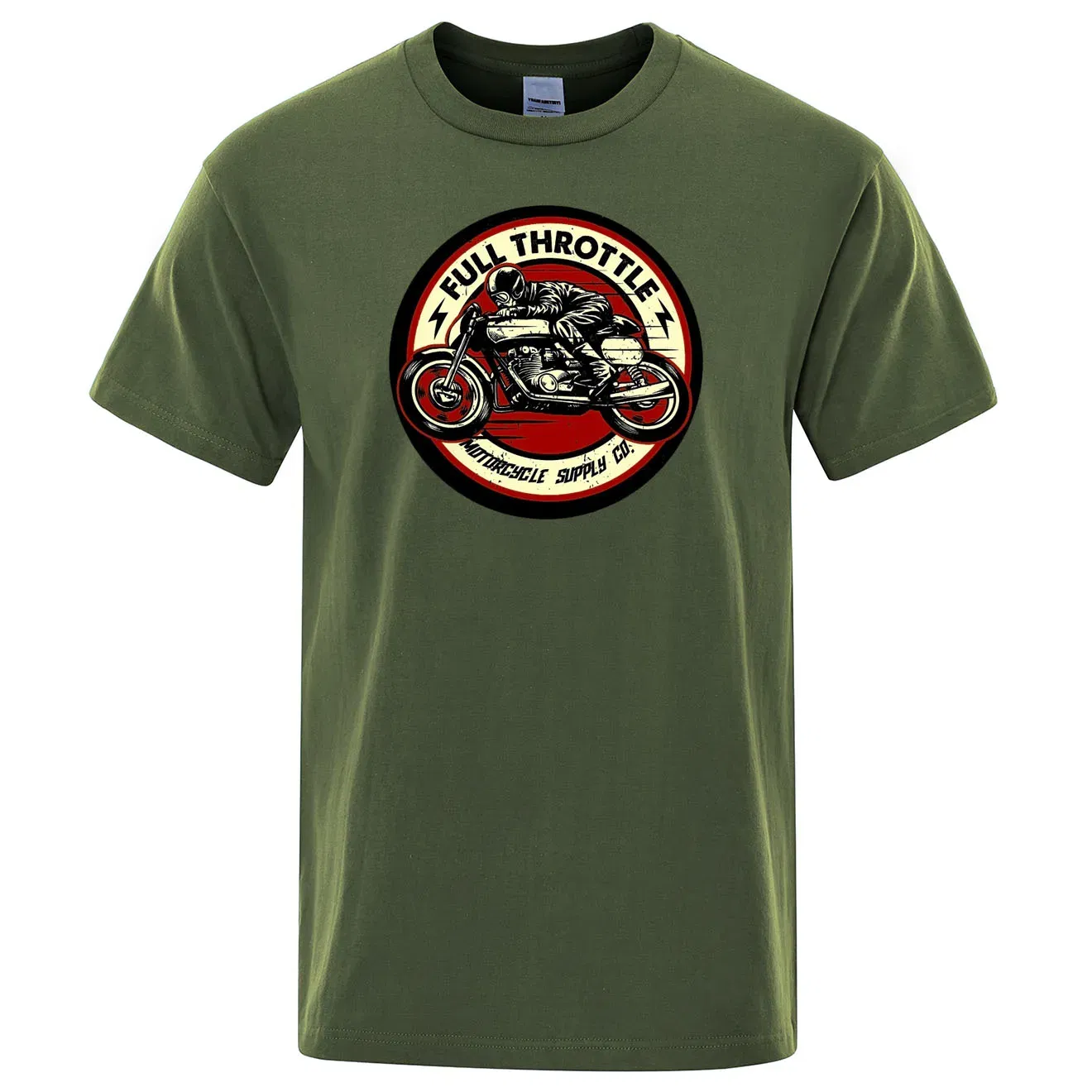Color: Red, Size: M - Full Throttle Cafe Racer Rockabilly Biker Printed T-Shirt Men Fashion Casual Short Sleeve Loose Cotton Tshirt Summer Loose Tees