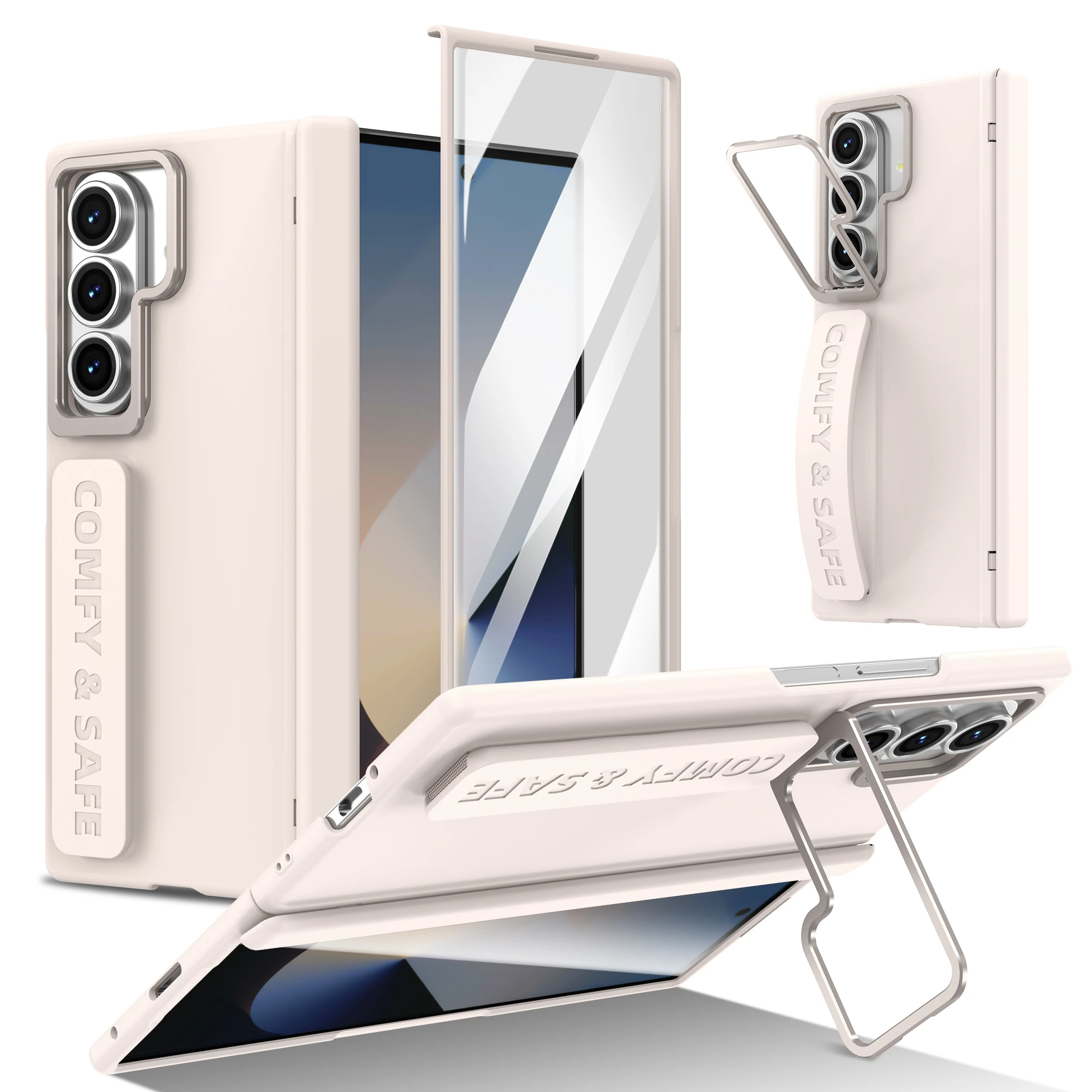 Color: Gold, Material: ABS - For Samsung Galaxy Z Fold 7 6 5 4 3 Wristband Hinge Lens Holder Phone Case Outer Screen Glass Film Protection Shockproof Cover