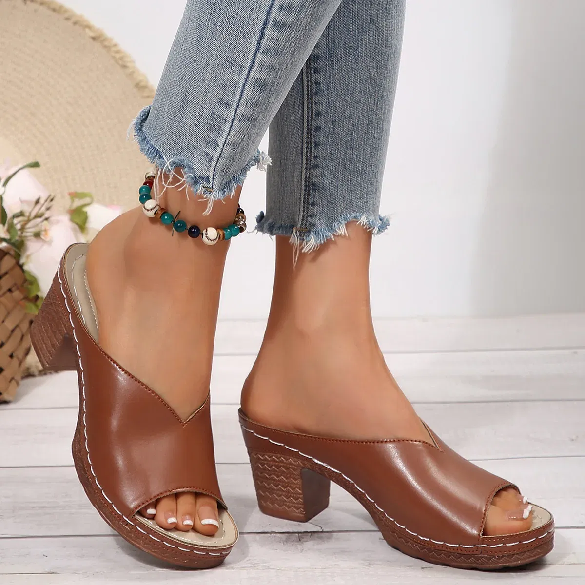 Color: black, Shoe Size: 43 - Women's Open-Toe High-Heel Slippers Summer New Fashion Outdoor Wear Slip-On Shoes 36-43 Sizes Polyurethane Upper Cushioning