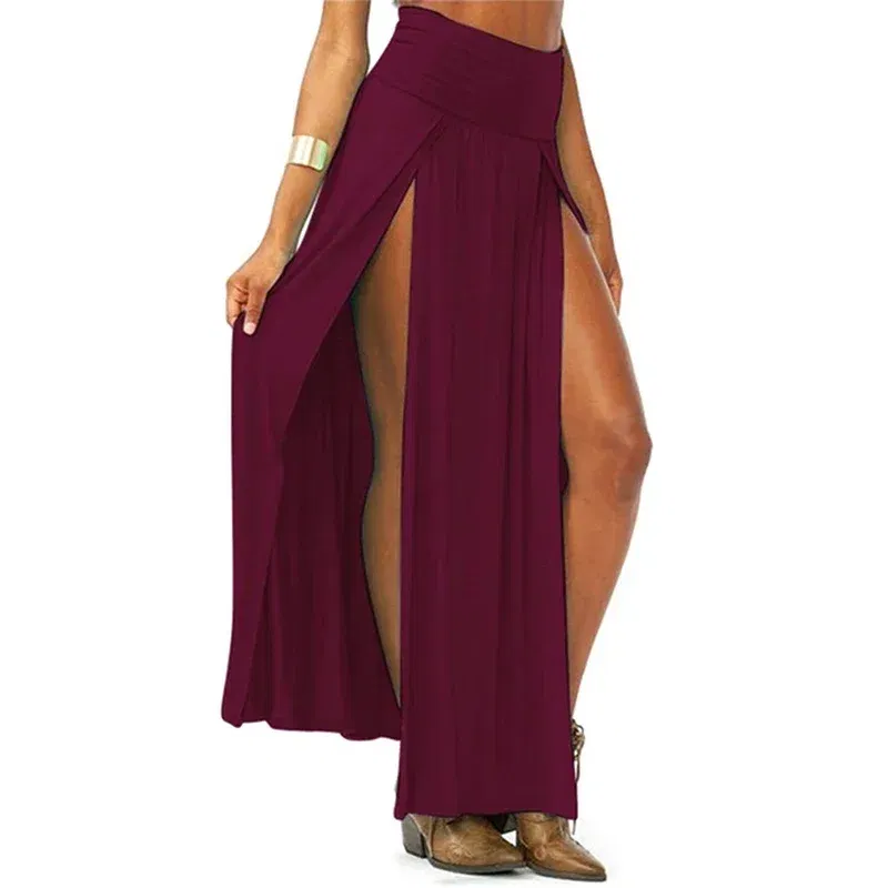 Color: Blue, Size: One Size - New Arrival High Waisted Sexy Womens Double Slits Summer Solid Long Maxi Skirt Wholesale 51 Valentine's Day Gifts