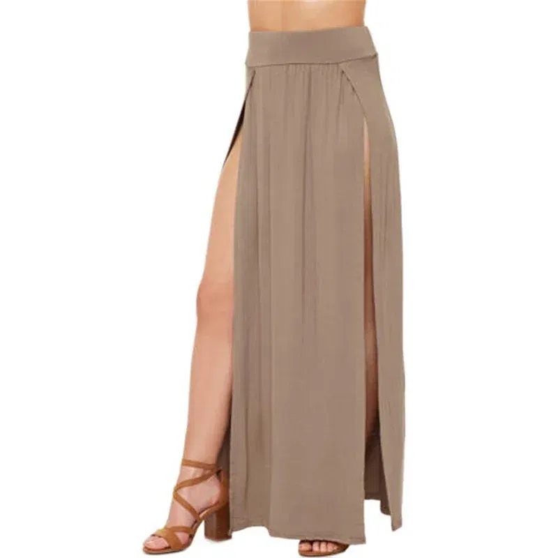 Color: Blue, Size: One Size - New Arrival High Waisted Sexy Womens Double Slits Summer Solid Long Maxi Skirt Wholesale 51 Valentine's Day Gifts