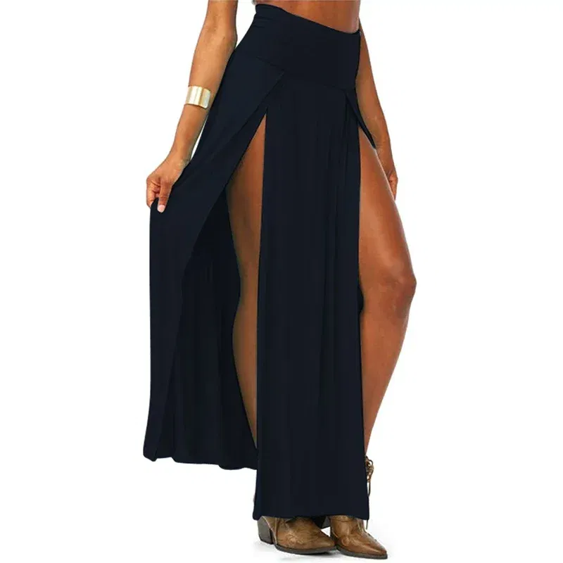 Color: Blue, Size: One Size - New Arrival High Waisted Sexy Womens Double Slits Summer Solid Long Maxi Skirt Wholesale 51 Valentine's Day Gifts