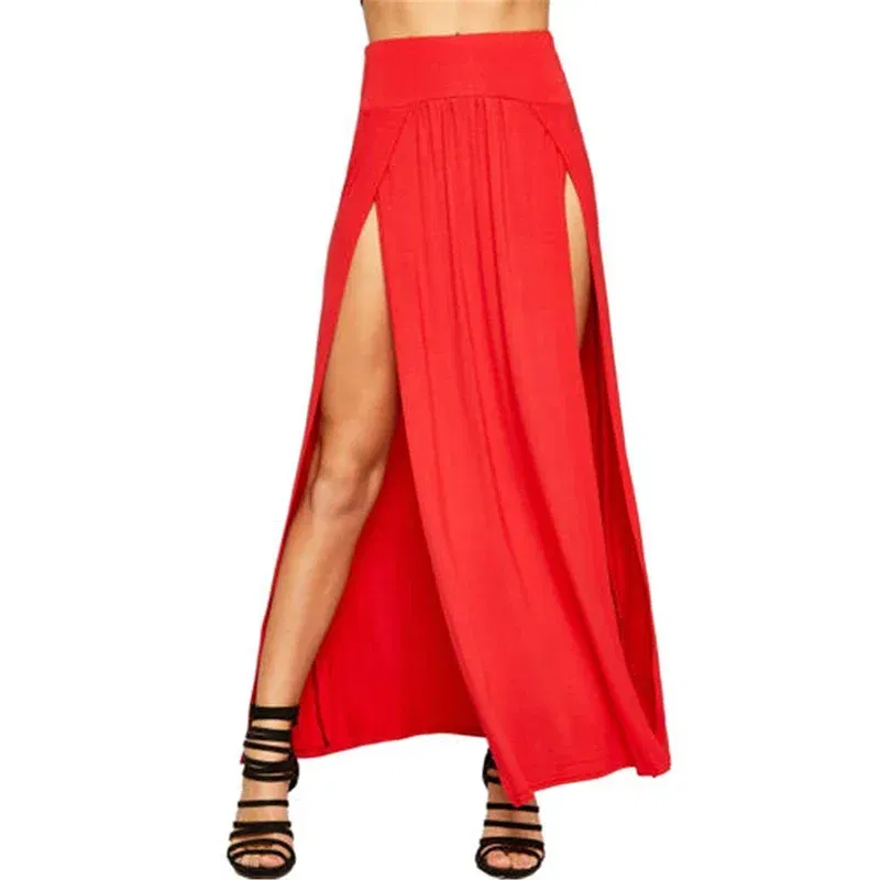 Color: Blue, Size: One Size - New Arrival High Waisted Sexy Womens Double Slits Summer Solid Long Maxi Skirt Wholesale 51 Valentine's Day Gifts