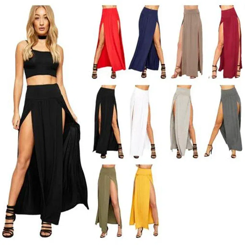 Color: Blue, Size: One Size - New Arrival High Waisted Sexy Womens Double Slits Summer Solid Long Maxi Skirt Wholesale 51 Valentine's Day Gifts