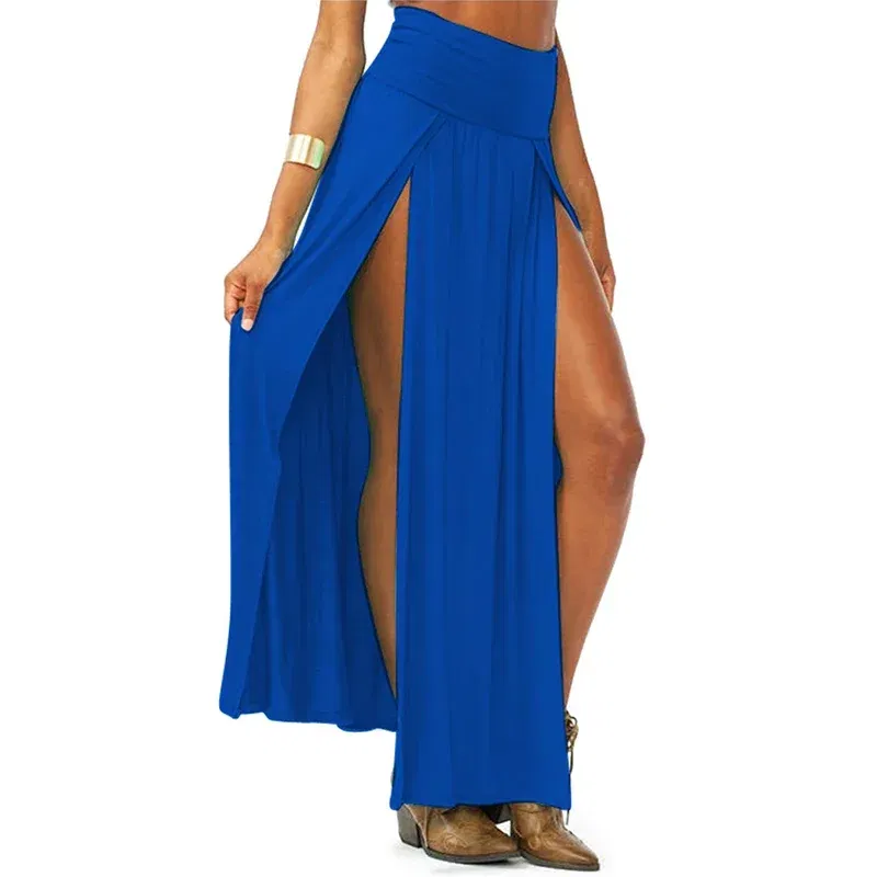 Color: Blue, Size: One Size - New Arrival High Waisted Sexy Womens Double Slits Summer Solid Long Maxi Skirt Wholesale 51 Valentine's Day Gifts