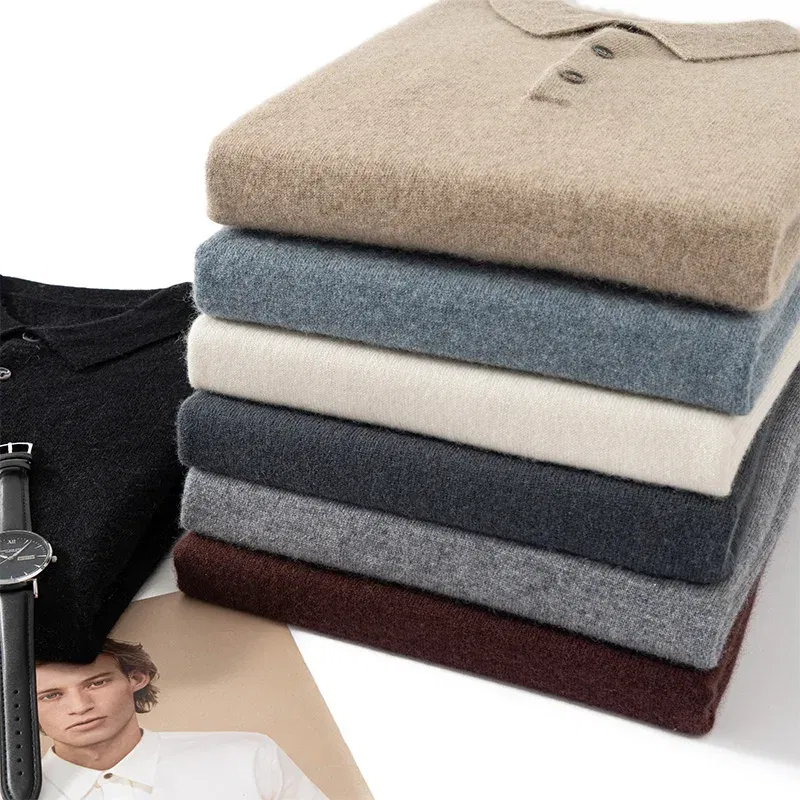 Color: Khaki, Size: L - High Quality Men's 100% Cashmere POLO Collar Pullover Soft Elastic Autumn Winter Business Casual Solid Color Knitted Sweater