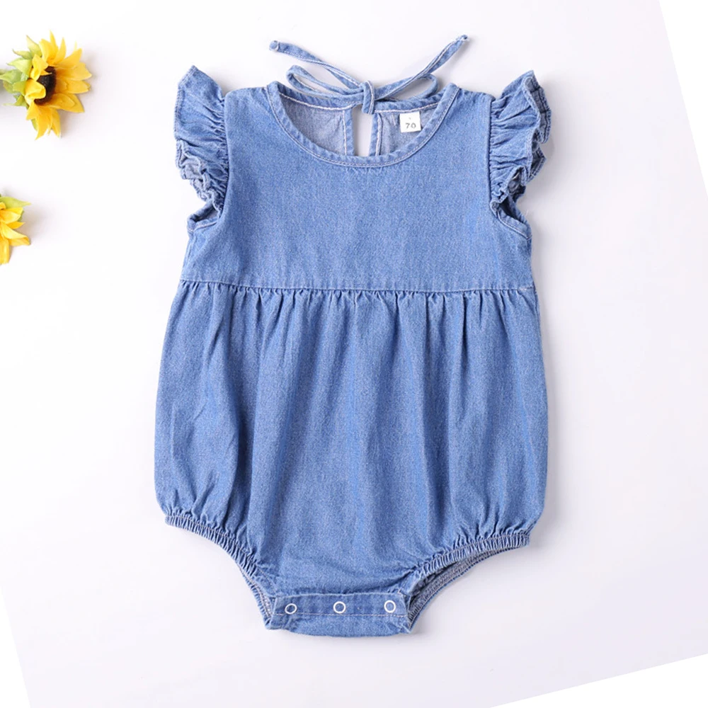 Color: Blue, Kid Size: 9M - Baby Girls Rompers Toddler Ruffles Romper Cotton Denim Fly Sleeveless Summer Bodysuit Sunsuit Outfits Newborn Infant Jumpsuit