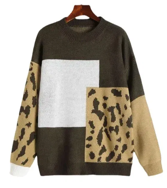 Color: green, Size: One Size - Women Y2k O-Neck Crochet Kintted Sweater Leopard Loose Top E-girl Pullovers Spring Autumn Winter Jumper Sueter Streetwear