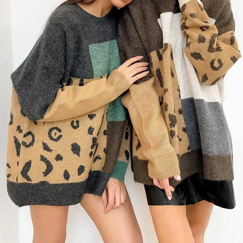 Color: green, Size: One Size - Women Y2k O-Neck Crochet Kintted Sweater Leopard Loose Top E-girl Pullovers Spring Autumn Winter Jumper Sueter Streetwear