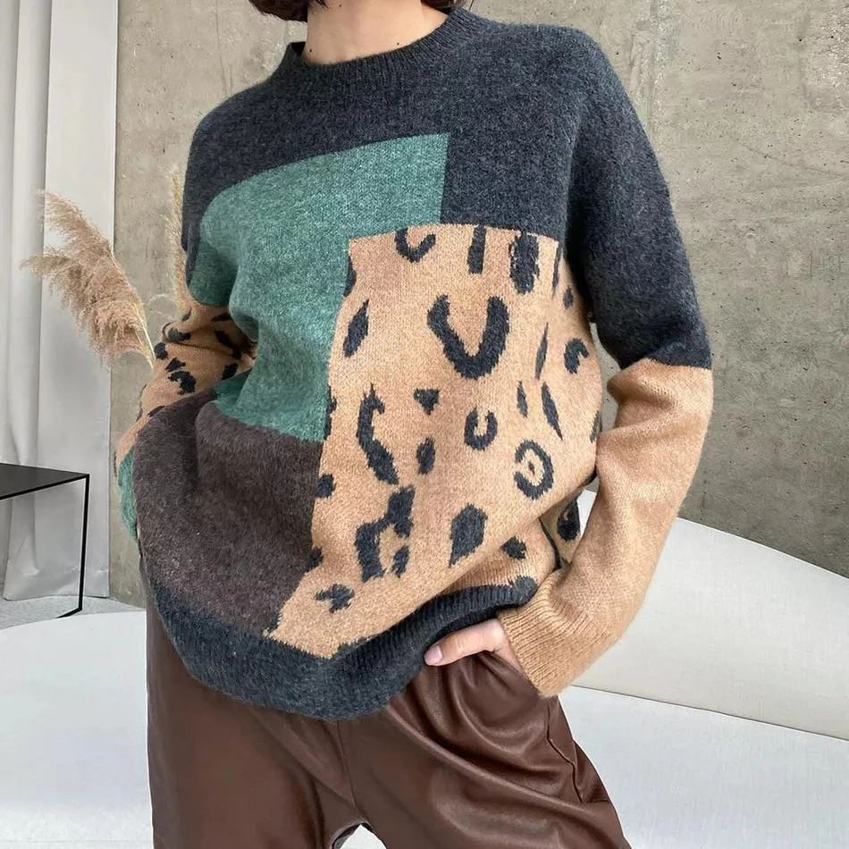 Color: green, Size: One Size - Women Y2k O-Neck Crochet Kintted Sweater Leopard Loose Top E-girl Pullovers Spring Autumn Winter Jumper Sueter Streetwear