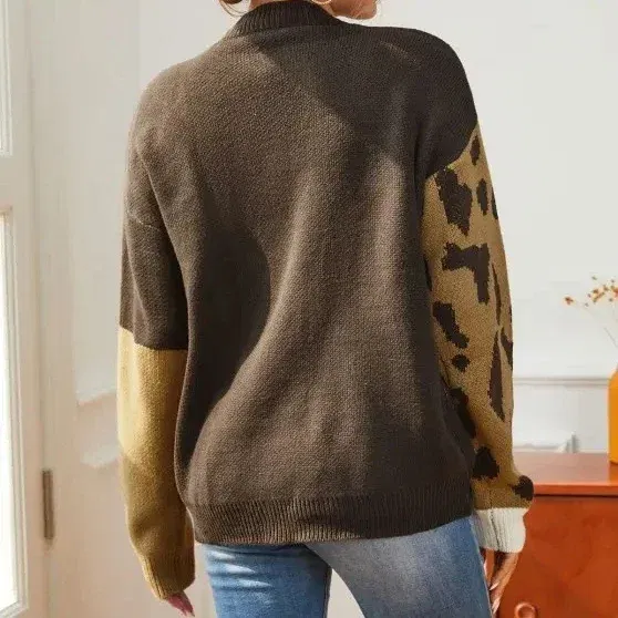 Color: green, Size: One Size - Women Y2k O-Neck Crochet Kintted Sweater Leopard Loose Top E-girl Pullovers Spring Autumn Winter Jumper Sueter Streetwear