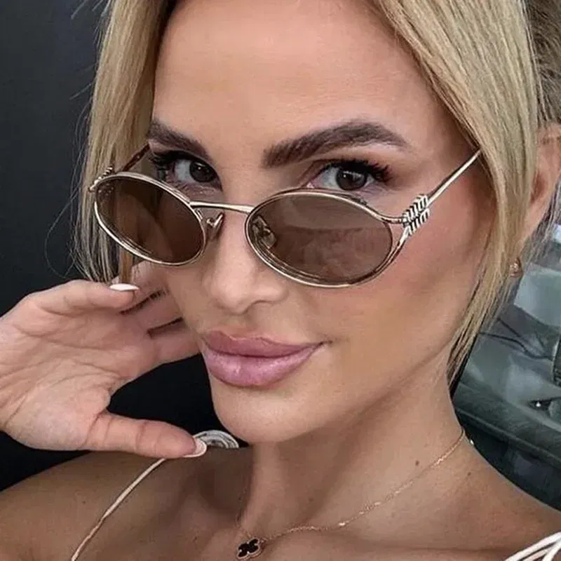 Lenses Color: Yellow - Luxury Brand Designer Oval Sunglasses For Women Sexy Metal Frame Small Round Sun Glasses Ladies Stylish Eyewear Shades UV400