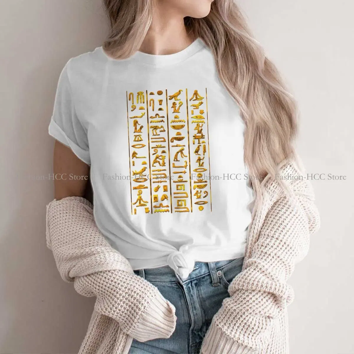 Color: WHITE, Size: XL - Ancient Egypt Culture Polyester TShirts Hieroglyphs Gold On Black Distinctive Women's T Shirt Funny Tops