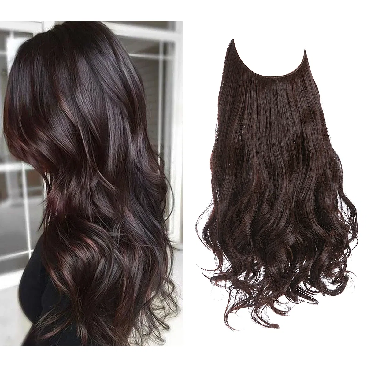 Color: 1B/27HL, Stretched Length: 18inches - Synthetic No Clip Wave Hair Extensions Ombre Natural Black Blonde Pink One Piece False Hairpiece Fish Line Fake Hair Piece