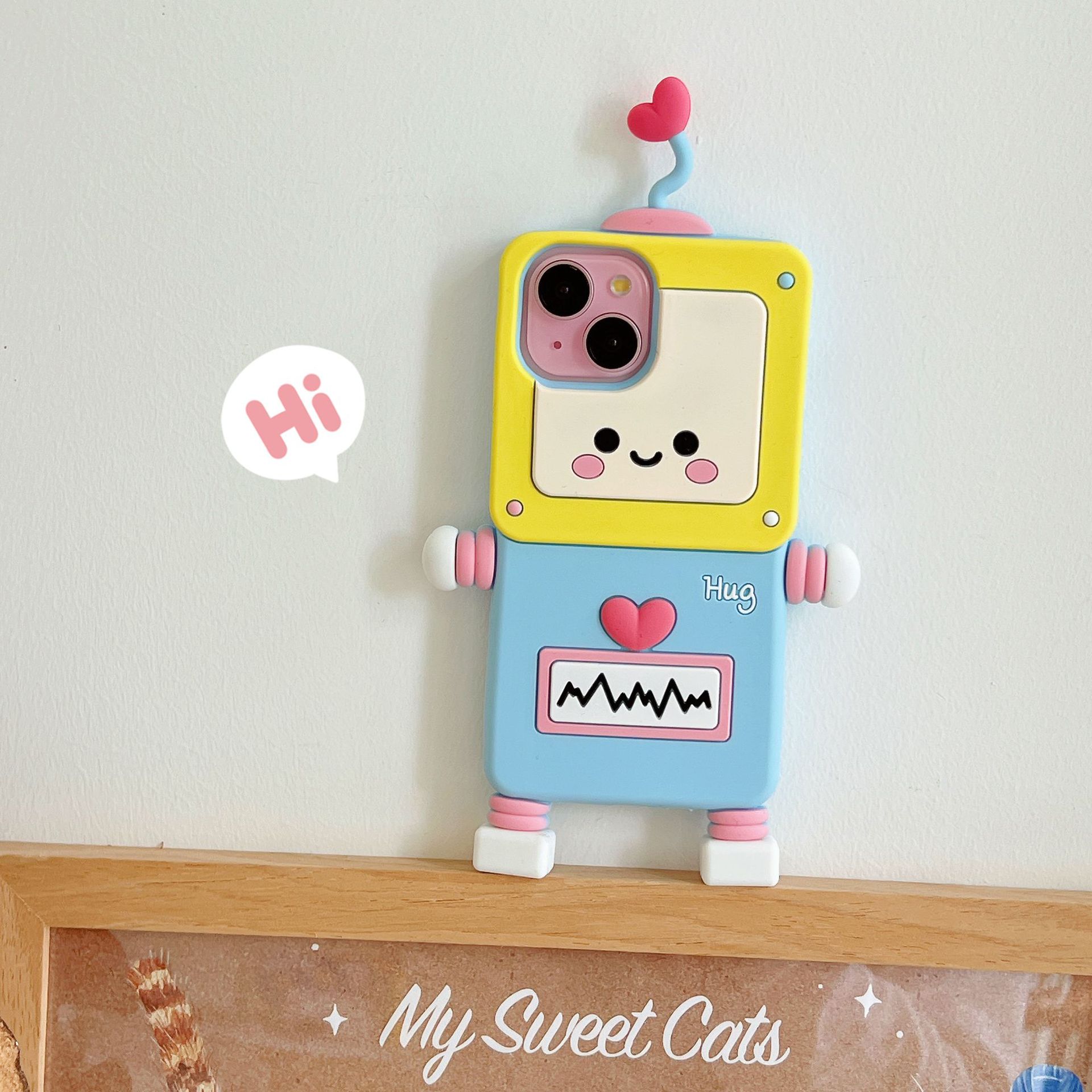 Material: EVA, Color: Beige - New Cartoon Love Antenna Robot Phone Case For iPhone 15 14 13 12 Pro Max 11 Drop Resistant Case Card