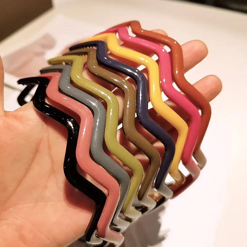 Color: Yellow - New Fashion Solid color resin Simple frosted anti-slip wave shape Toothed Wild Hairbands Women Girls Hair Accessories Headdress
