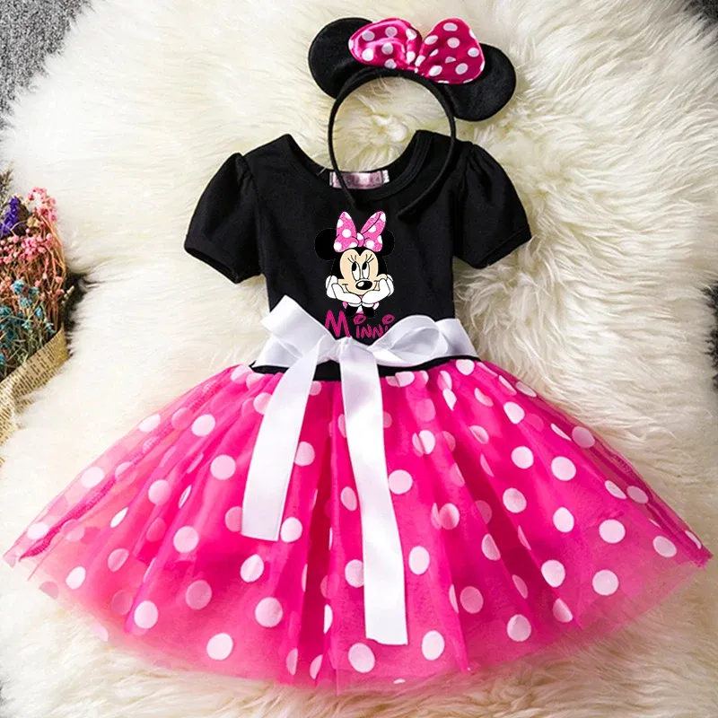 Color: MULTI, Size: S - Mickey Minnie Mouse Cartoon Kids Short Sleeve Polka Dot Princess Dress Party Baby Girls Clothes Cosplay Costumes 1-6Y