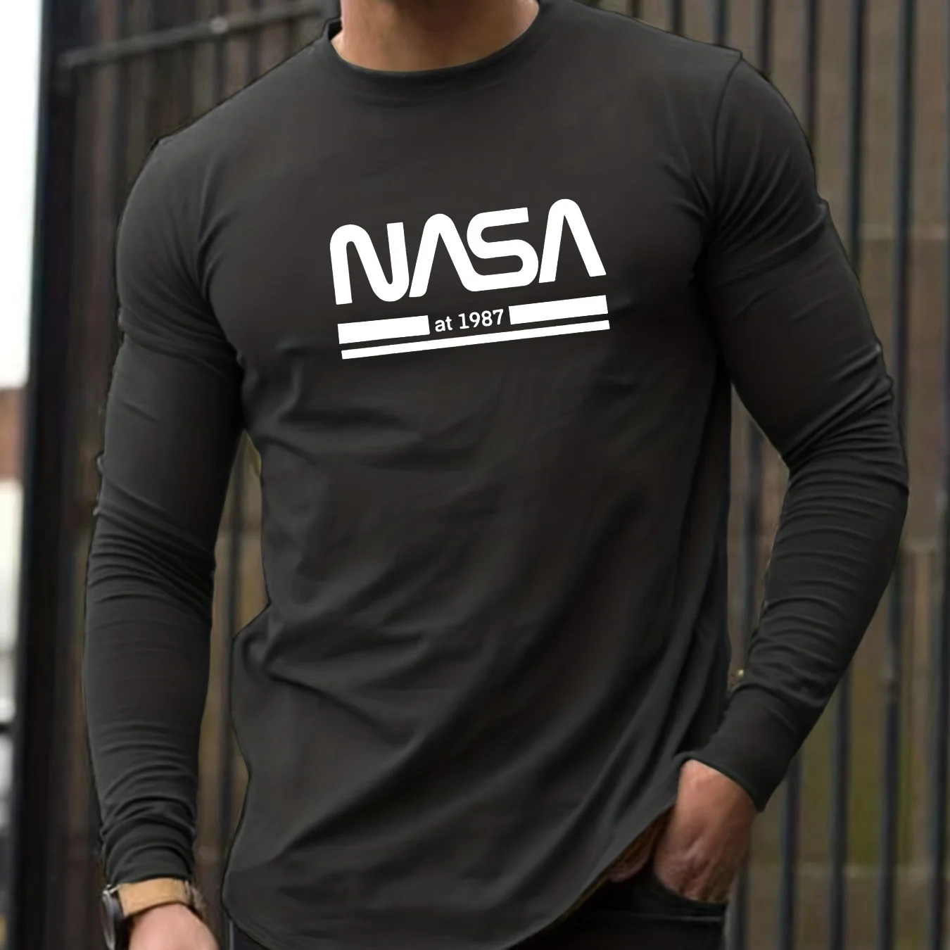 Color: Dark Grey, Size: S - Men's Spring and Autumn 100% Cotton Loose Comfortable Casual NASA Letter Printed Round Neck Long Sleeve T-shirt
