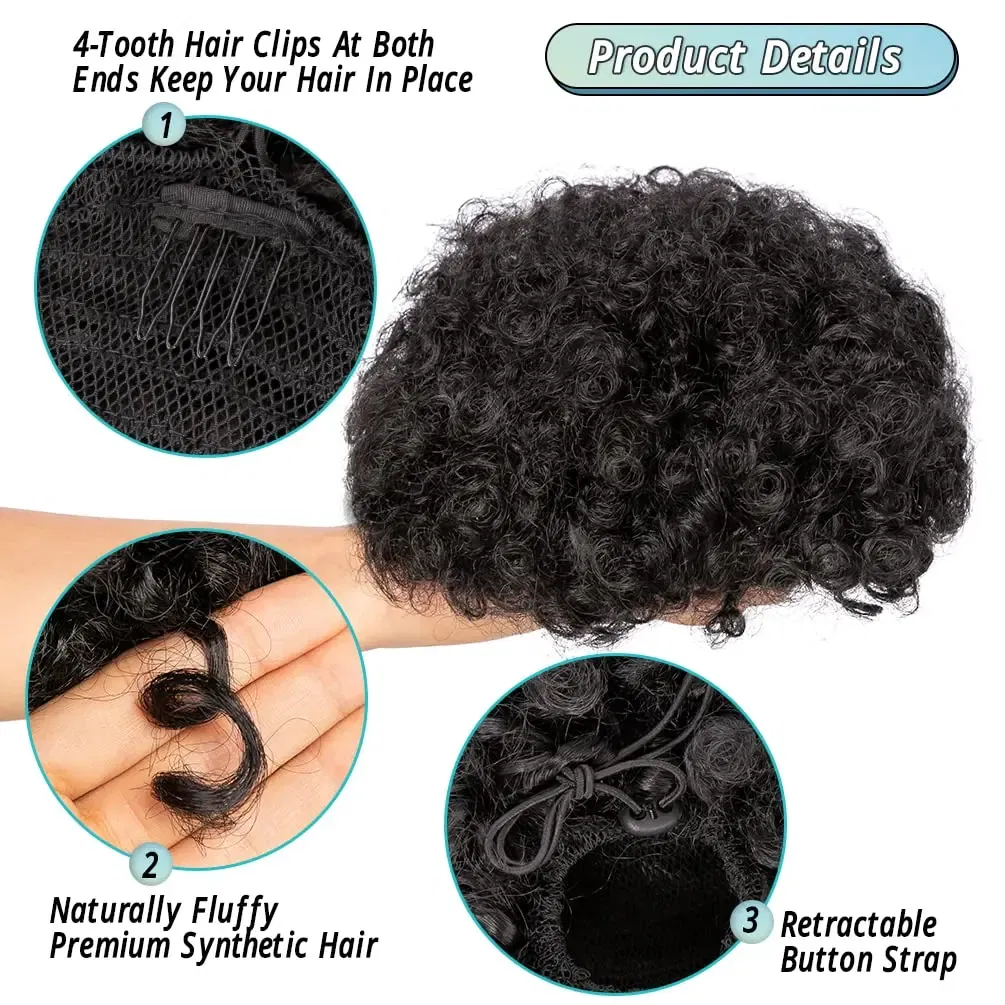 Synthetic Afro Puff Drawstring Ponytail for Little Girls Kids Women 4 Inch Small Hair Buns Kinky Curly Hair Donut Chignon