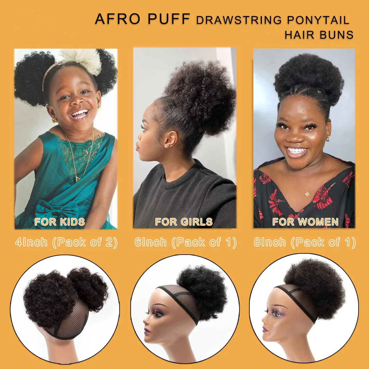 Synthetic Afro Puff Drawstring Ponytail for Little Girls Kids Women 4 Inch Small Hair Buns Kinky Curly Hair Donut Chignon