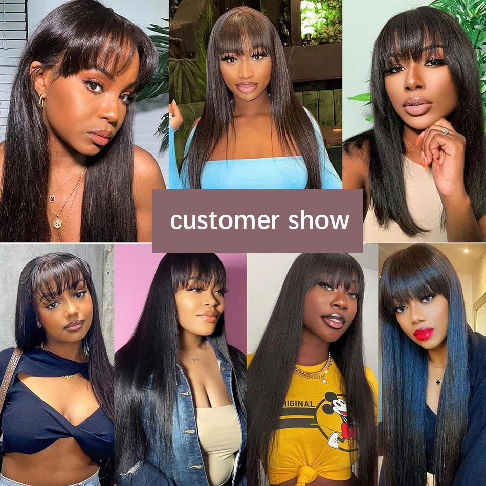 Stretched Length: 14inches, Hair Color: #270, Density: 120%, Ships From: CHINA - Wiggogo 3X1 Middle Part Lace Wig Bone Straight Human Hair Wig With Bangs Full Machine Made Straight Human Hair Wigs For Women