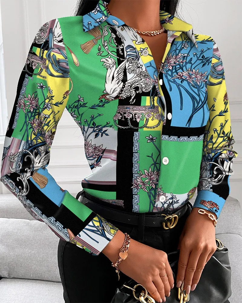 Color: Red, Size: XL - Women Fashion Wild Shirts Chain/Floral/Letter/Geometric Square Print Turn-Down Collar Long Sleeve Blouses