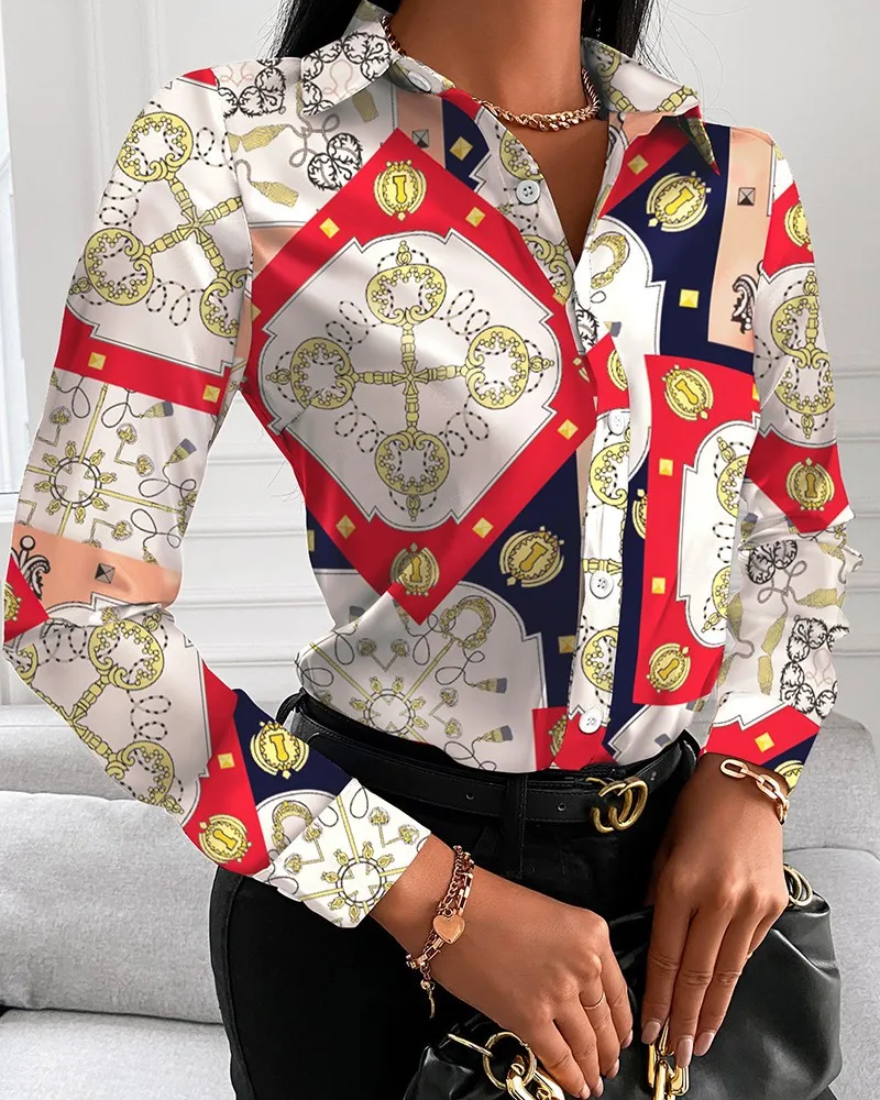 Color: Red, Size: XL - Women Fashion Wild Shirts Chain/Floral/Letter/Geometric Square Print Turn-Down Collar Long Sleeve Blouses