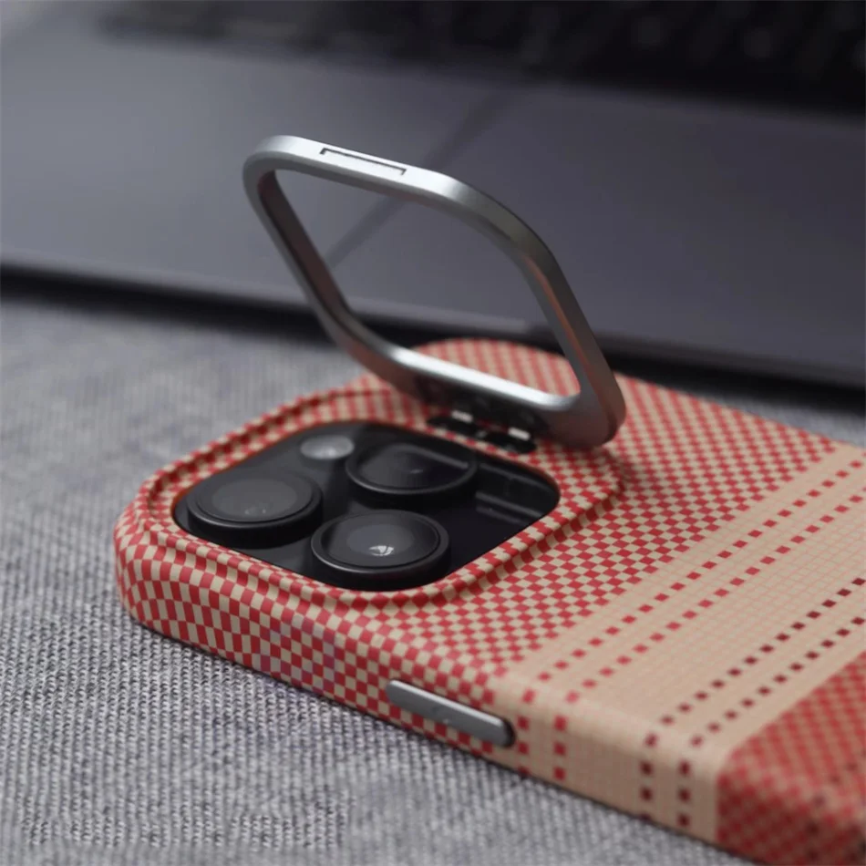 Color: Beige, Material: Nylon - Luxury Magnetic Stand Metal Lens Relief Carbon Fibre Pattern For Magsafe Case For iPhone 15 14 13 Pro Max Shockproof  Back Cover