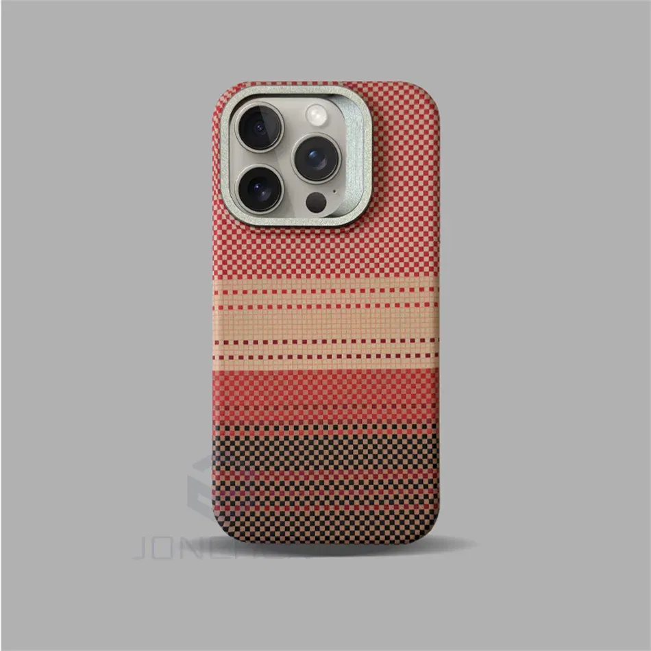 Color: Beige, Material: Nylon - Luxury Magnetic Stand Metal Lens Relief Carbon Fibre Pattern For Magsafe Case For iPhone 15 14 13 Pro Max Shockproof  Back Cover