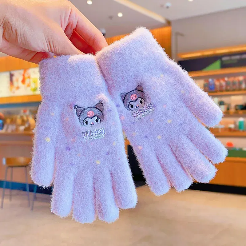 Color: Fluorescent Yellow - Sanrio Gloves Kawaii My Melody Kuromi Cold-Proof Winter Finger Gloves Plush Screen Touch Warm Children Toddler Christmas Gifts