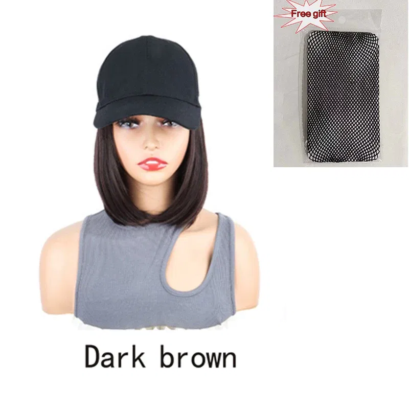 Color: Brown - H&STAR Synthetic Short Straight Wig Heat Resistant Fiber Stylish Girls' Baseball Hat Wig with Natural Hair Peaked Cap