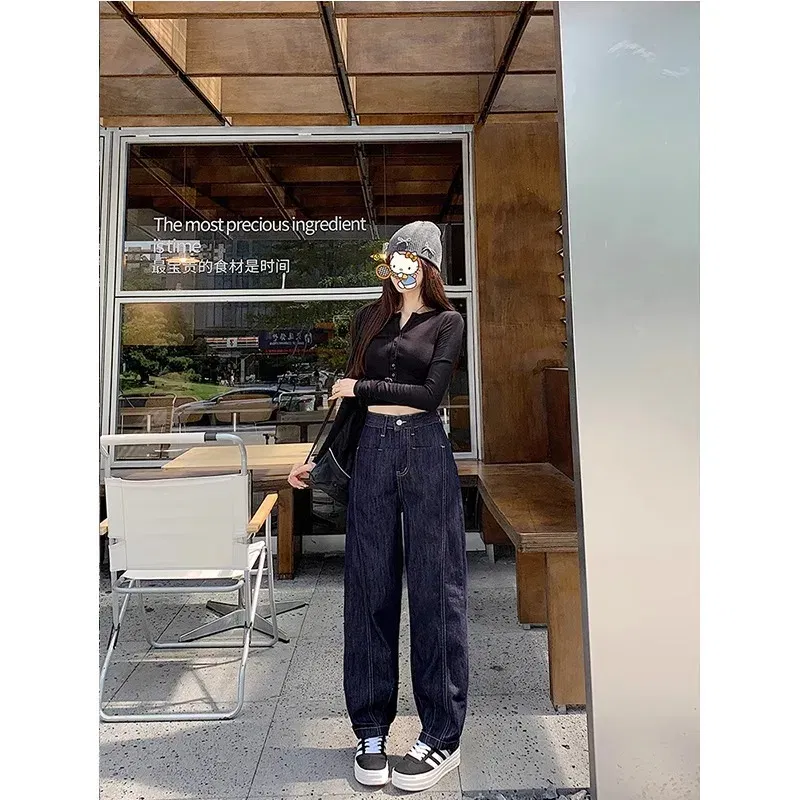 Color: Blue, Size: M - Retro wide leg jeans women's 2025 new high waist small figure chubby girl versatile four seasons slimming straight leg pants