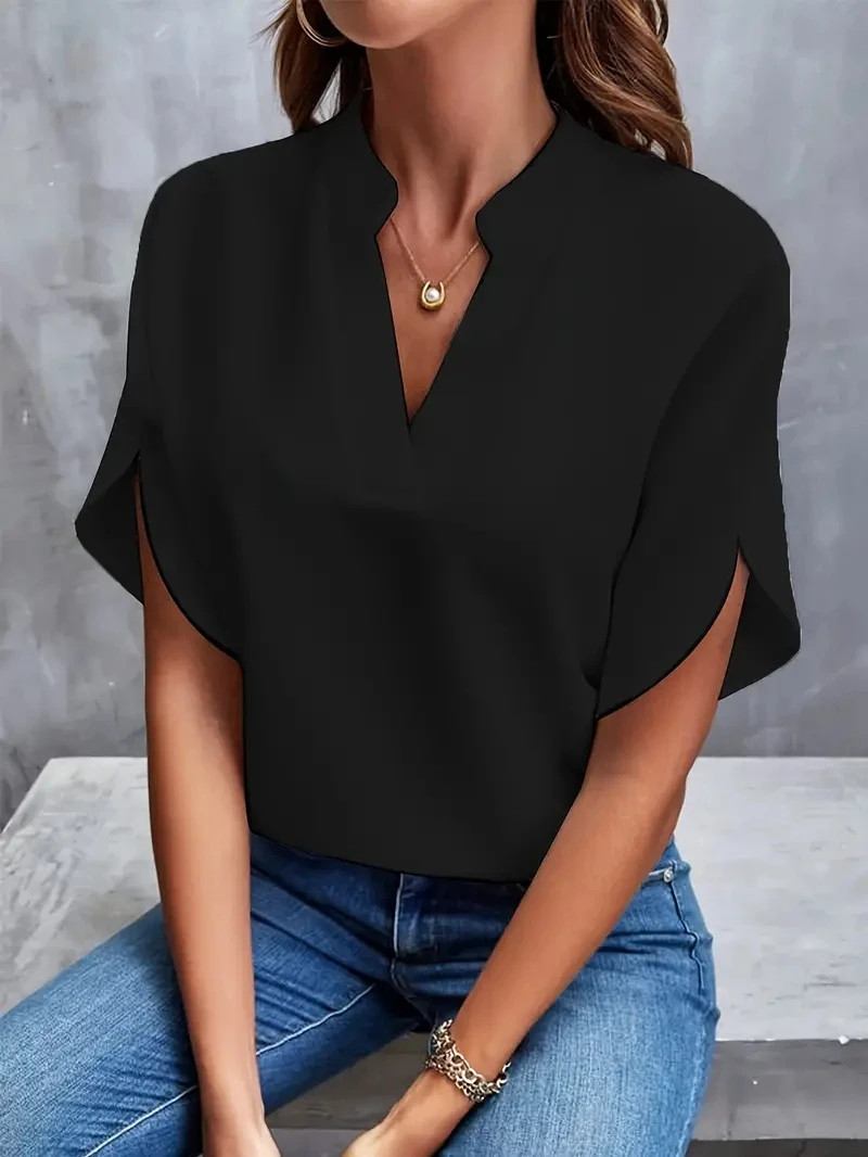 Color: Pink, Size: XL - Women Elegant Solid Chiffon Blouse Spring Summer Casual Long Sleeve V Neck Loose Shirt Office Lady Tunics Oversized Tops 2024