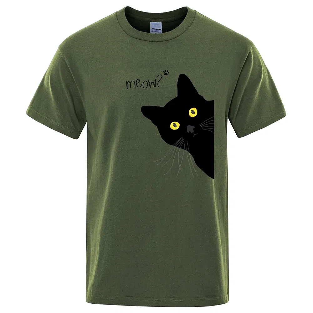 Color: Gold, Size: M - Meow Black Cat Funny Printing Men T-Shirts Breathable Tee Clothes Summer Streetwear Tops Oversized Loose Cotton Short Sleeve