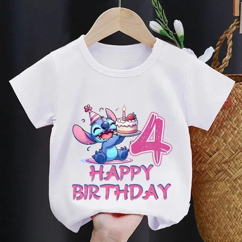 Color: Brown, Kid Size: 5 - Lilo Stitch Children T-shirt Birthday 3-10 Years Boy Girl Clothing Summer Cartoon Print Tshirt Short Sleeve Cotton Top Baby Tee