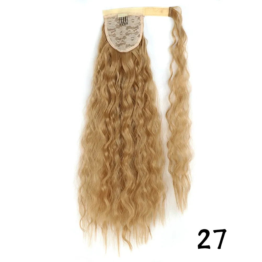 Color: P18/22, Stretched Length: 22inches - Synthetic Long Corn Wavy Ponytail Hairpiece Wrap on Hair Clip Ombre Brown Blonde Hair Extensions Pony Tail