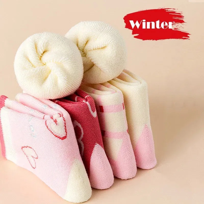 Color: Beige, Size: 4-6T - Girls Winter Socks 5 Pairs Baby Cute Color Princess Pink Thick Cotton Socks Children Warm Winter Socks