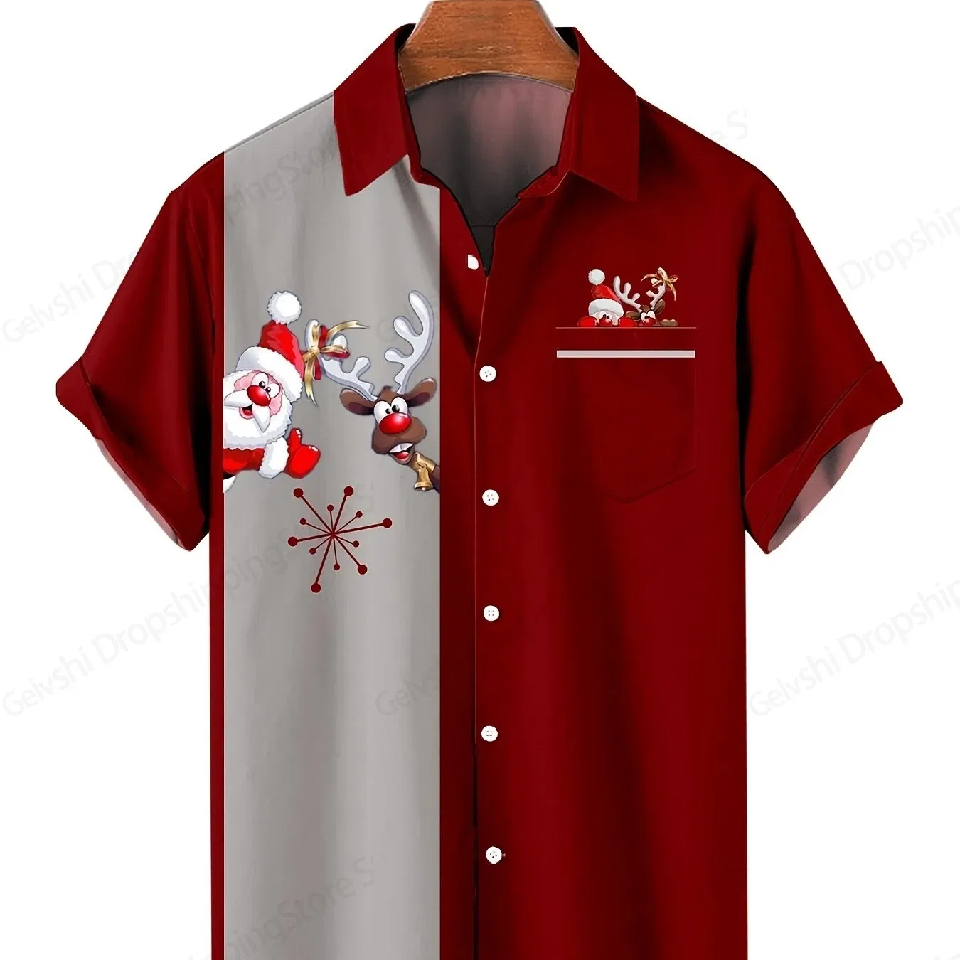 Color: Blue, Size: L - Men's Retro Christmas Hawaiian Shirt Men Women Fashion Cartoon Santa Claus Shirts Short Sleeve Blouse Festive Holiday Top Elk