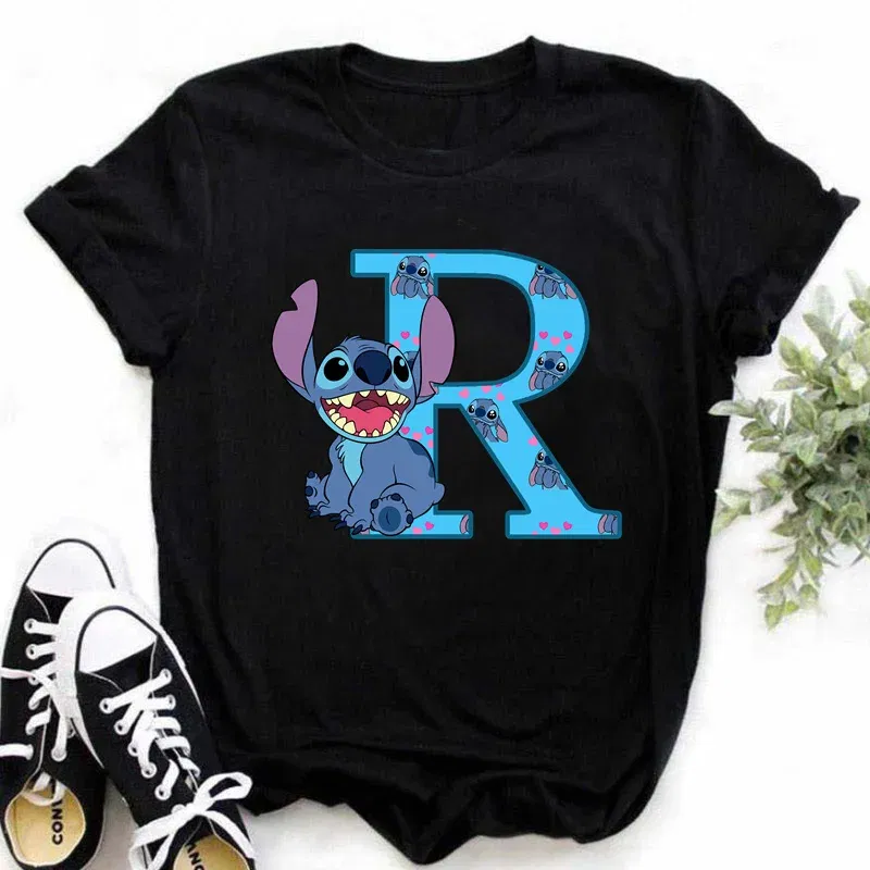 Color: Yellow, Size: XXXL - Disney Lilo&Stitch A-Z Alphabet Summer Women's Printed T-Shirt Women's Casual Tops T-Shirt Fashion Cartoon Plus Size T-Shirt