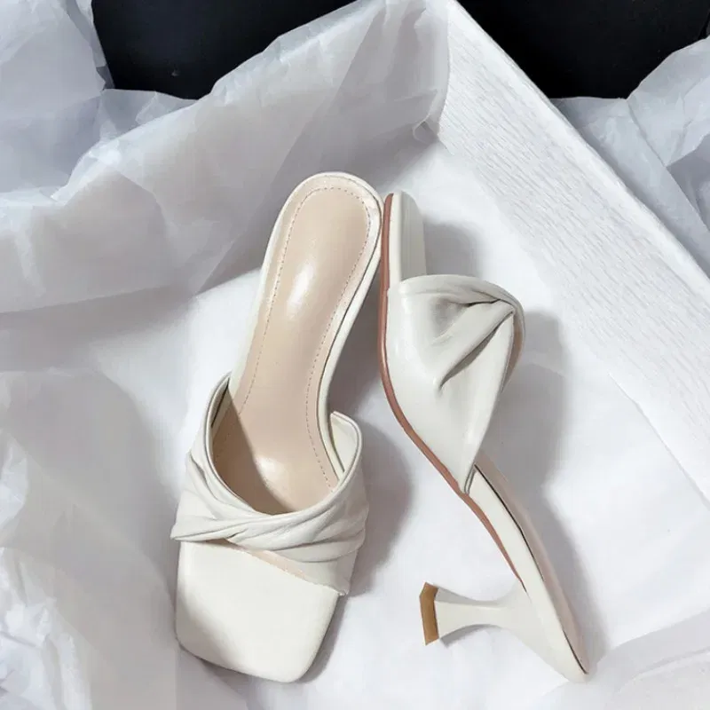 Color: Beige, Shoe Size: 36 - Fashion Summer Women Shoes New Handmade Square Open Toe High Heels Outdoor Fashion Slippers Apricot Off White