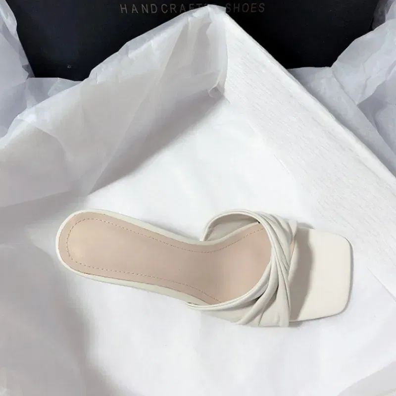 Color: Beige, Shoe Size: 36 - Fashion Summer Women Shoes New Handmade Square Open Toe High Heels Outdoor Fashion Slippers Apricot Off White