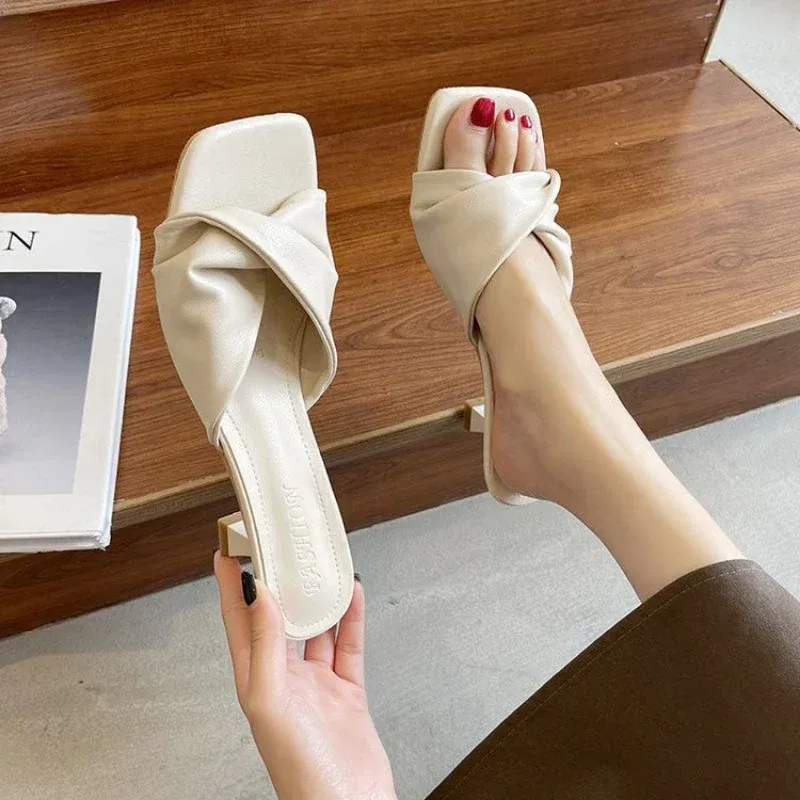 Color: Beige, Shoe Size: 36 - Fashion Summer Women Shoes New Handmade Square Open Toe High Heels Outdoor Fashion Slippers Apricot Off White