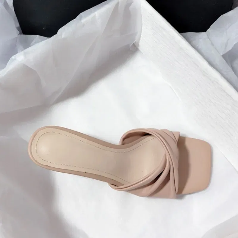 Color: Beige, Shoe Size: 36 - Fashion Summer Women Shoes New Handmade Square Open Toe High Heels Outdoor Fashion Slippers Apricot Off White