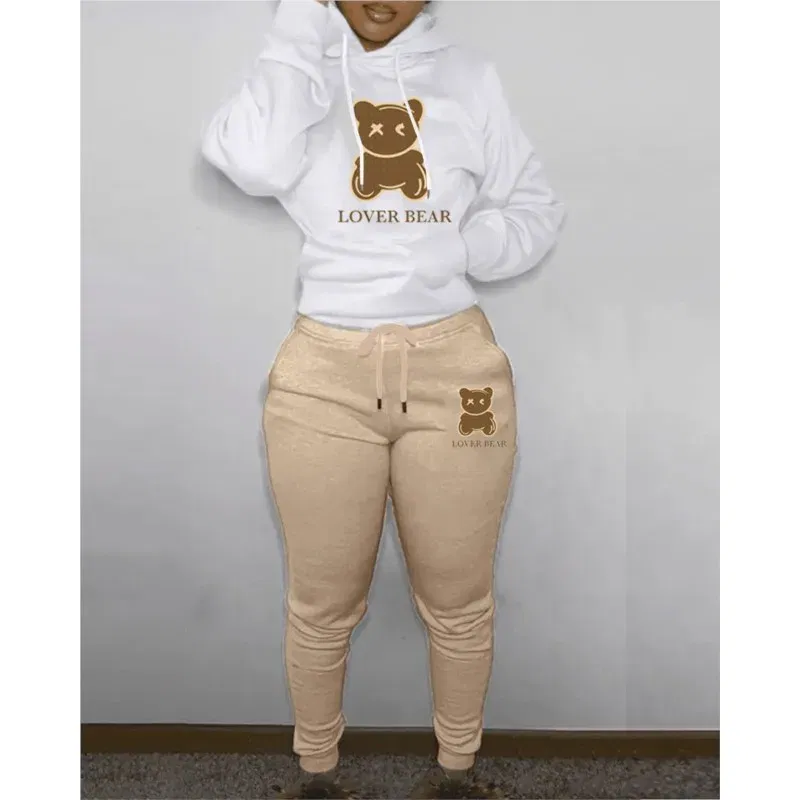 Color: green, Size: XL - 2 Piece Set Women Outfit Letter Bear Print Hooded Neck Hoodies Sweatshirt Pants Tracksuit 2024 Plus Size Streetwear Casual Suit