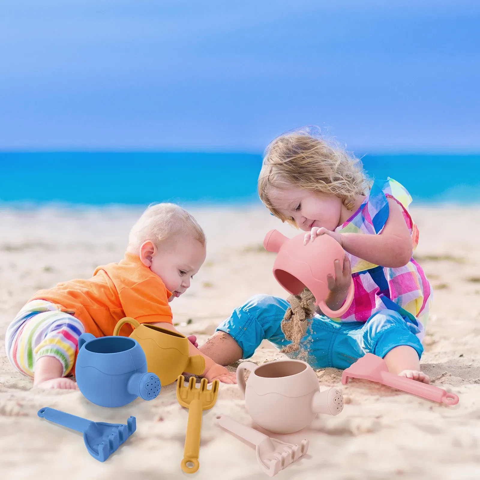 Color: Light Grey - Summer Beach Toys Sand playing tools Soft Silicone Watering Pot Rake Set Play Sand Bucket Shovels Suitable for children outdoors
