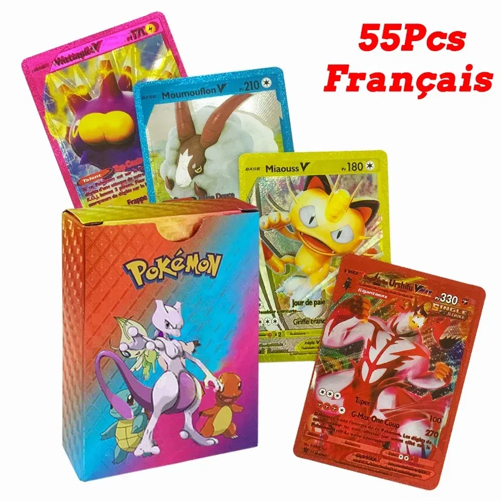 Color: three - 55PCS Pokemon Colorful Gold Foil Card Charizard Pikachu Arceus Diamond Rainbow English French German Spanish VSTAR GX VMAX Cards