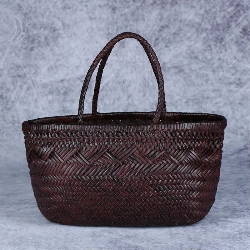 Color: Chocolate - Designer woven totes bag women genuine leather cowskin knitting basket handbag female hollow out bucket bag 2025 summer new