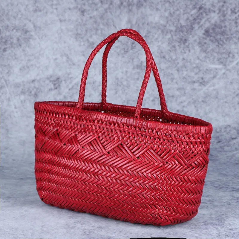 Color: Chocolate - Designer woven totes bag women genuine leather cowskin knitting basket handbag female hollow out bucket bag 2025 summer new